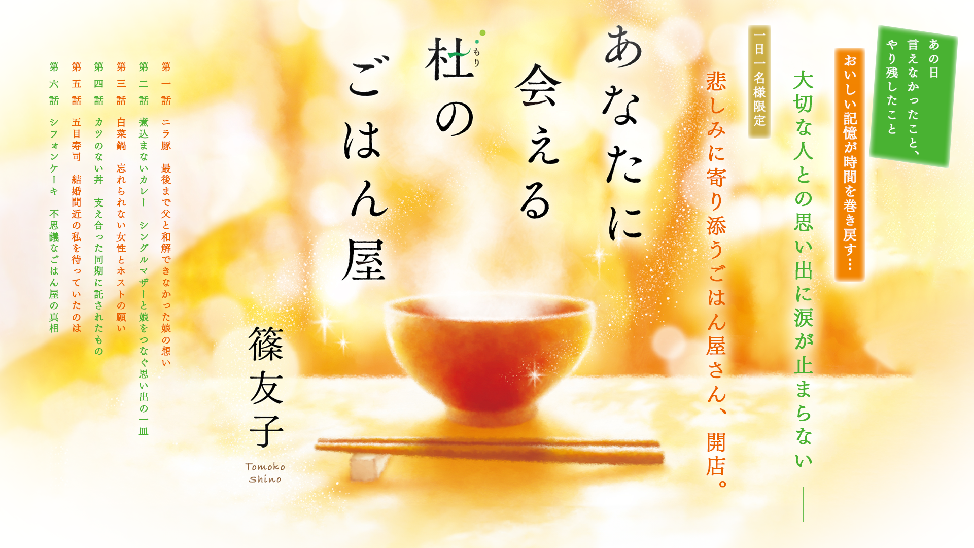 あなたに会える　杜のごはん屋　あの日言えなかったこと、やり残したこと　おしいい記憶が時間を巻き戻す・・・　大切な人との思い出に涙が止まらない　一日一名様限定　悲しみに寄り添うごはん屋さん、開店。　第一話　ニラ豚　最後まで父と和解できなかった娘の想い　第二話　煮込まないカレー　シングルマザーと娘をつなぐ思い出の一皿　第三話　白菜鍋　忘れられない女性とホストの願い　第四話　カツのない丼　支えあった同期に託されたもの　第五話　五目寿司　結婚間近の私を待っていたのは　第六話　シフォンケーキ　不思議なごはん屋の真相